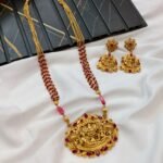 Perumal Pendant and Ruby Beads Mala Long Neck Set