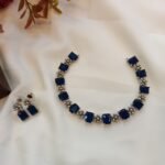Silver Polish Floral Blue Stone Short Neck Set