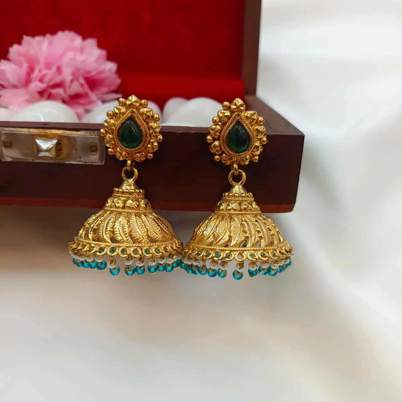 101131.1-2.webp Gold Kerala Jhumkas-Green Pearls - Image 1