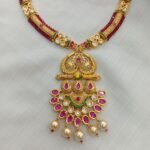 Peacock Pink Crystal Kundan Stone Short Neck Set - Image 3