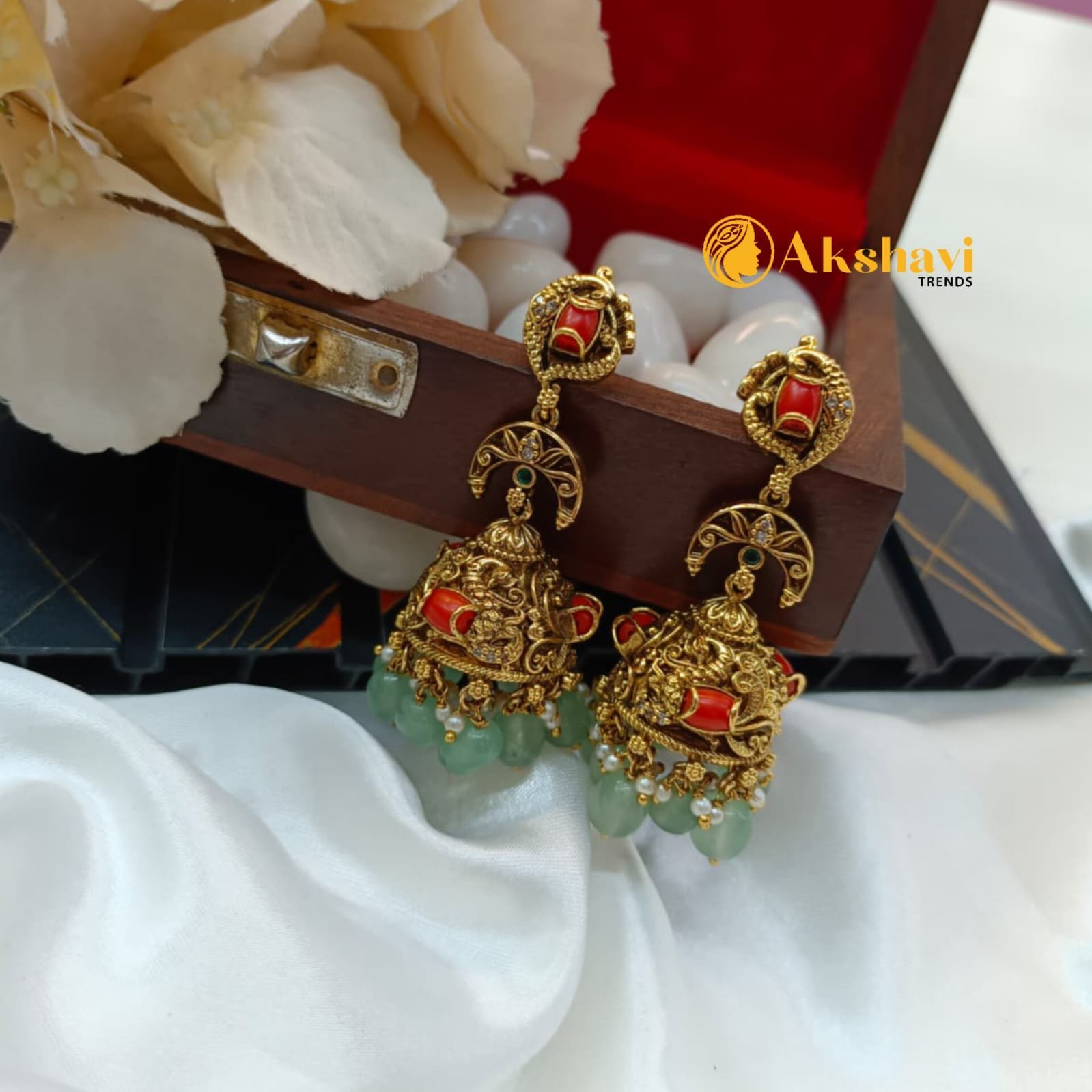 101827.1.1-1.jpeg Coral Jhumka with Aqua Green Beads - Image 1