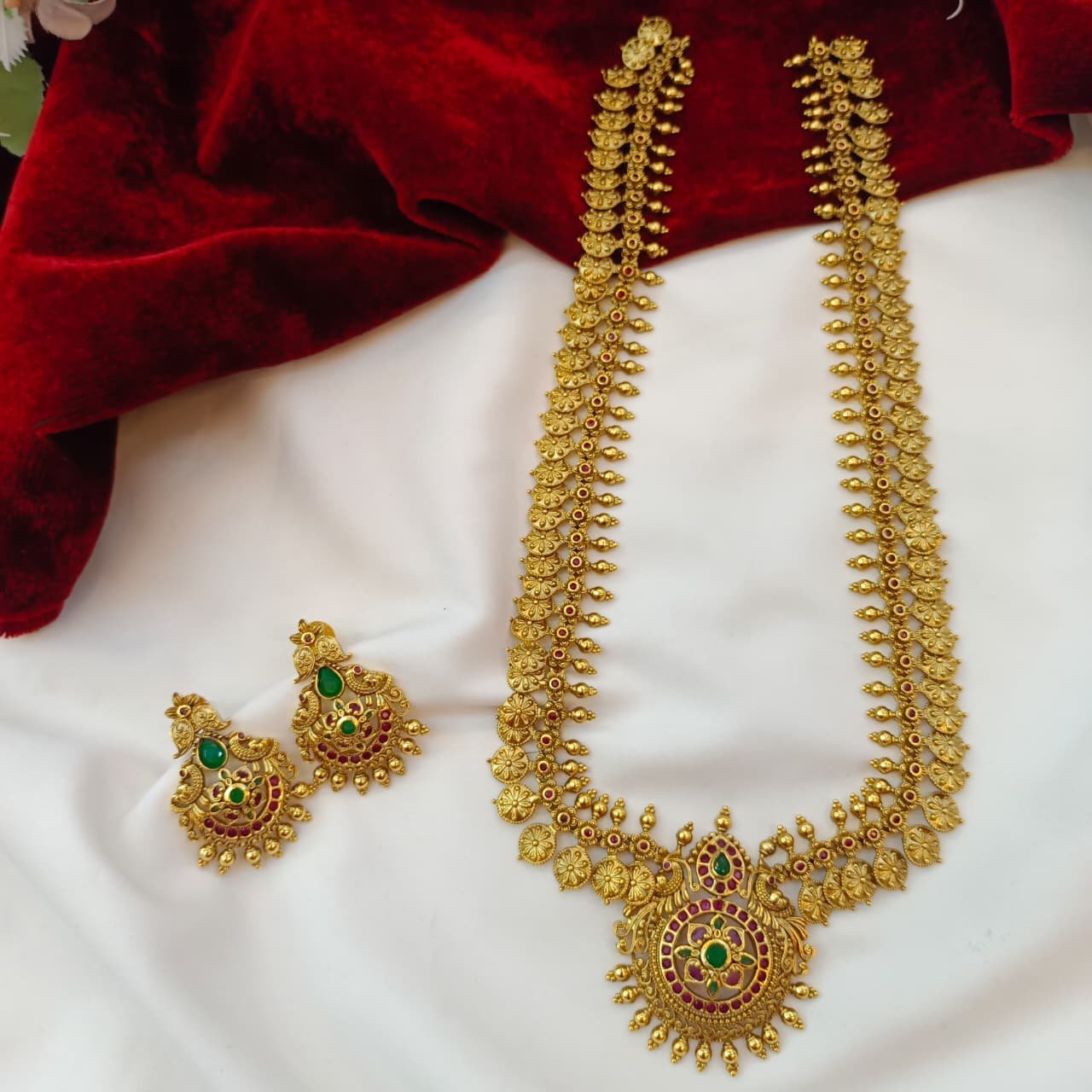 104772.1.1-Akshavi-Trends-2.jpeg Floral Coin and Peacock Long Neck Set - Image 1